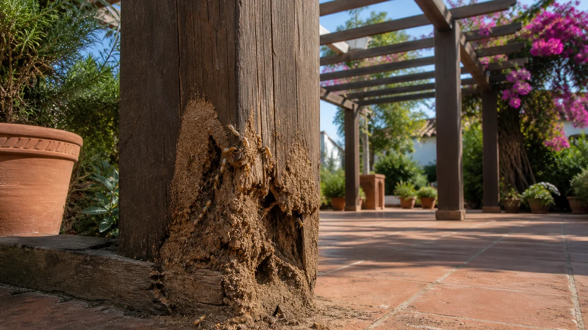 Detalle de la base de un poste de madera de una pérgola con una marca terrosa junto al suelo