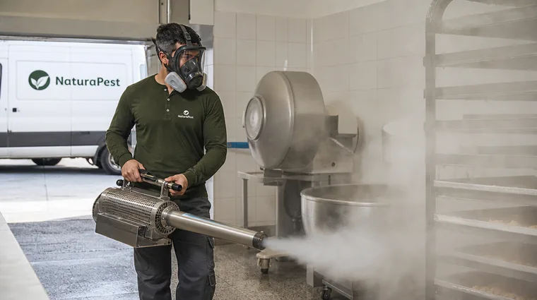 Técnico de NaturaPest nebulizando un local en Sant Cugat del Vallès