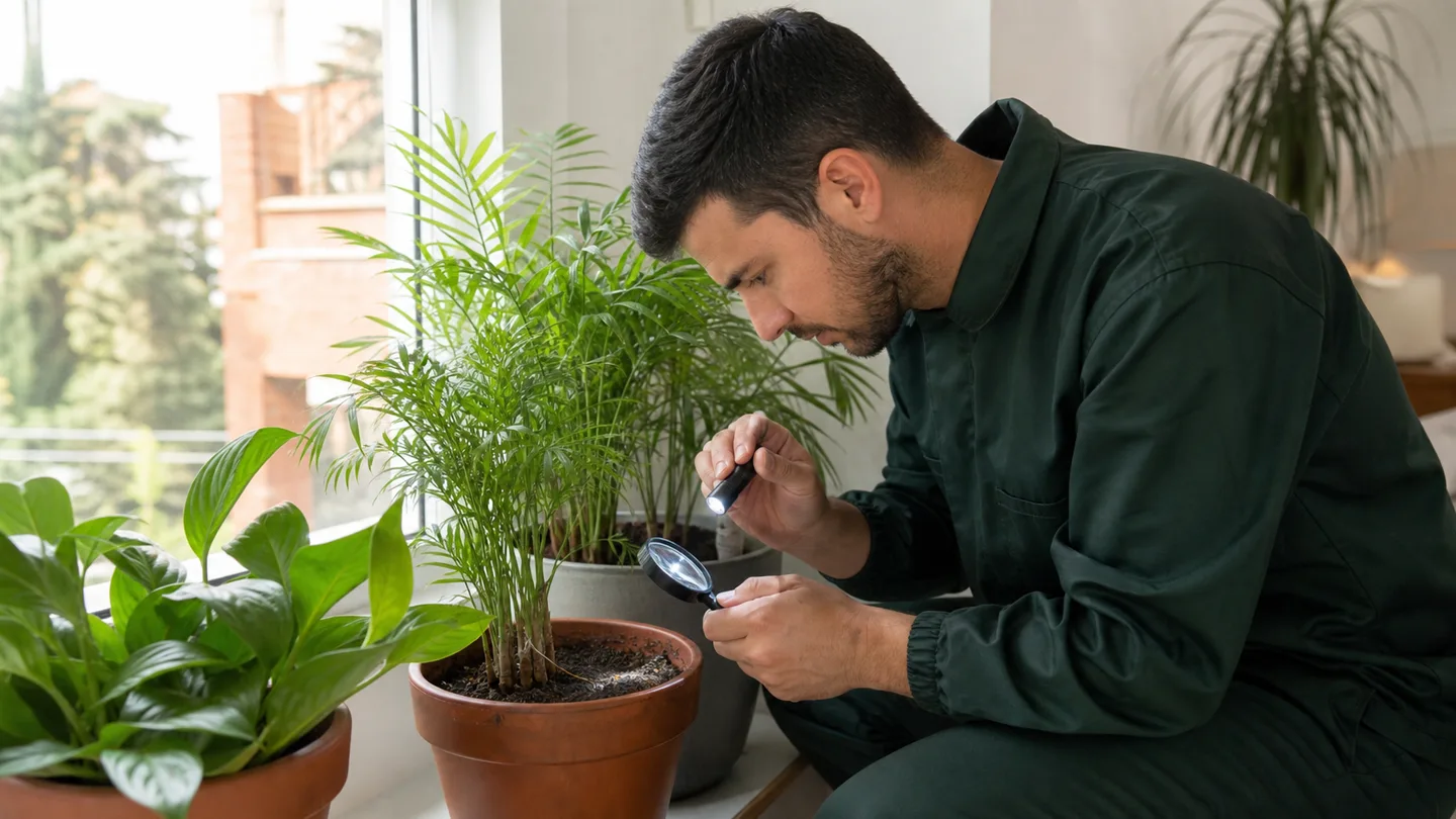 Técnico inspeccionando macetas por pequeñas moscas en una vivienda de Sant Cugat