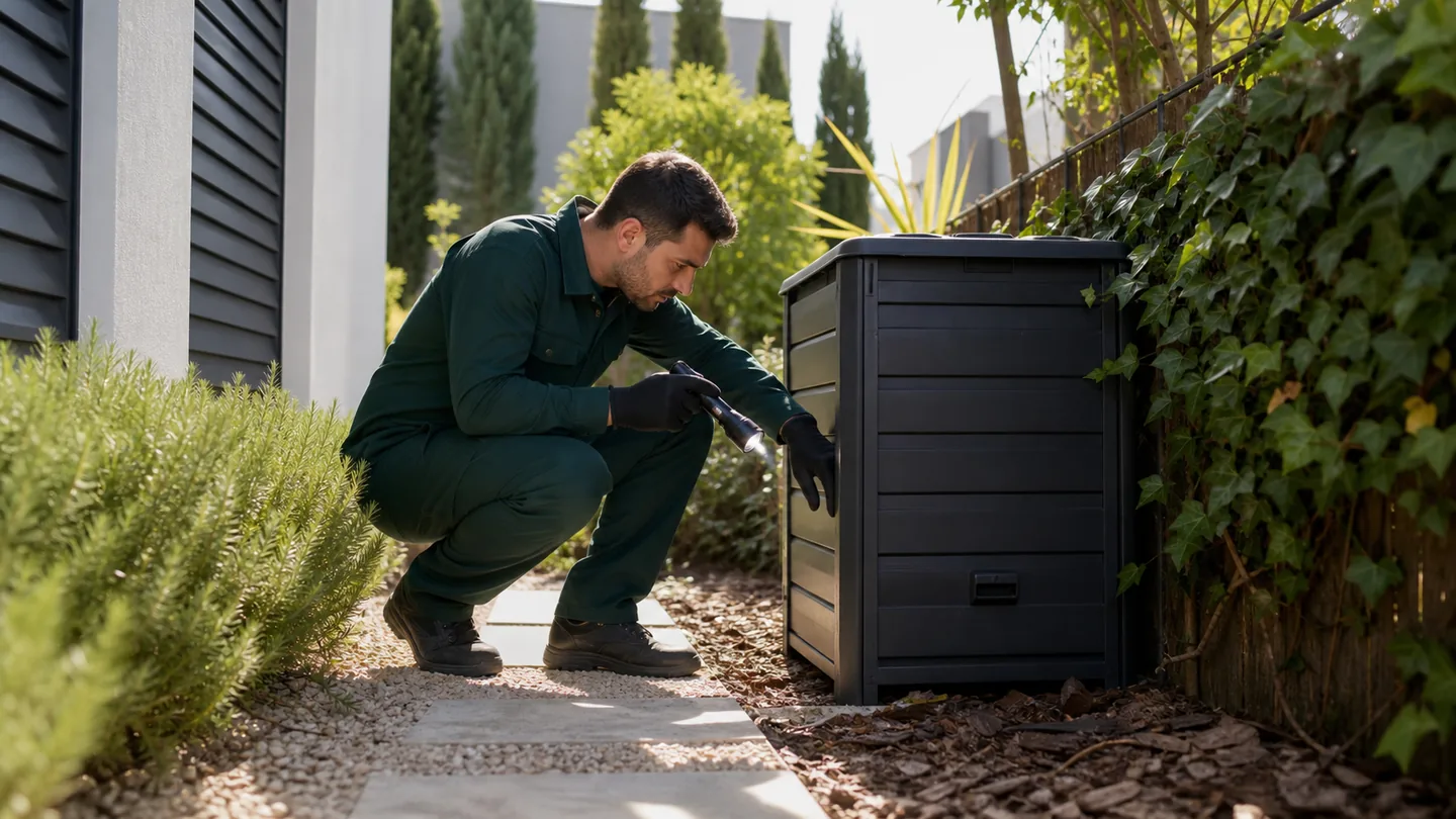 Técnico revisando un compostador por señales de ratas en un jardín de Sant Cugat